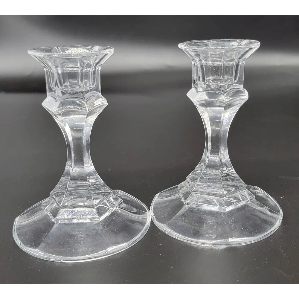 Clear Glass Candle Holders Pair Geometric Faceted Candlesticks Pedestal 4